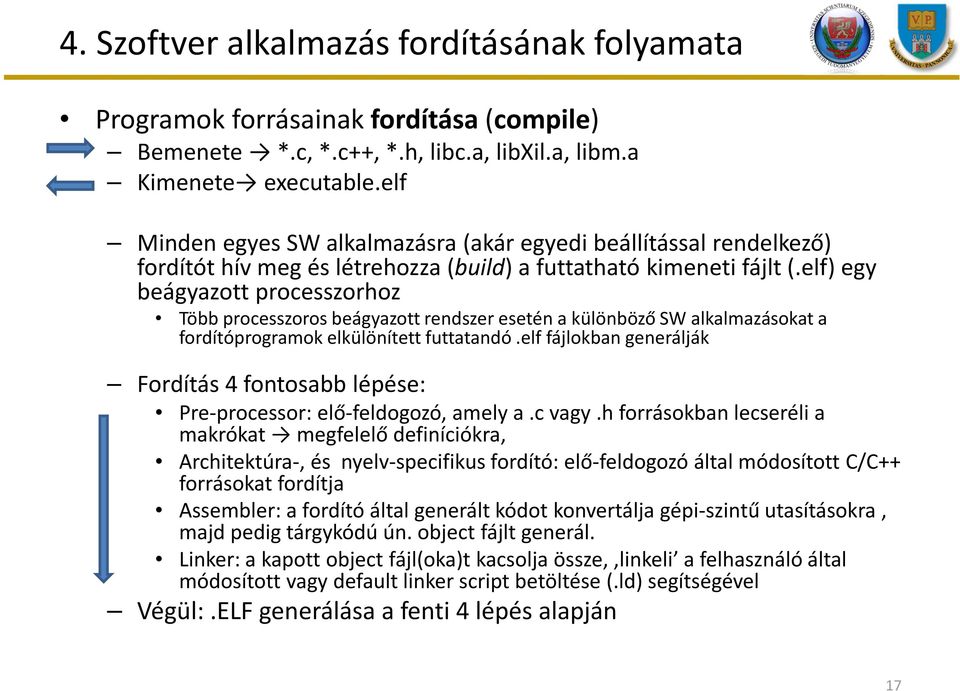 elf) egy beágyazott processzorhoz Több processzoros beágyazott rendszer esetén a különböző SW alkalmazásokat a fordítóprogramok elkülönített futtatandó.