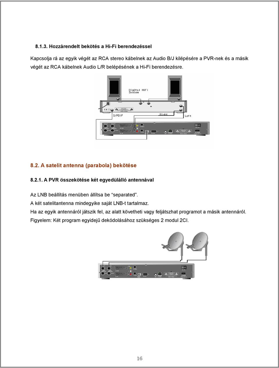 az RCA kábelnek Audio L/R belépésének a Hi-Fi berendezésre. 8.2. A satelit antenna (parabola) bekötése 8.2.1.