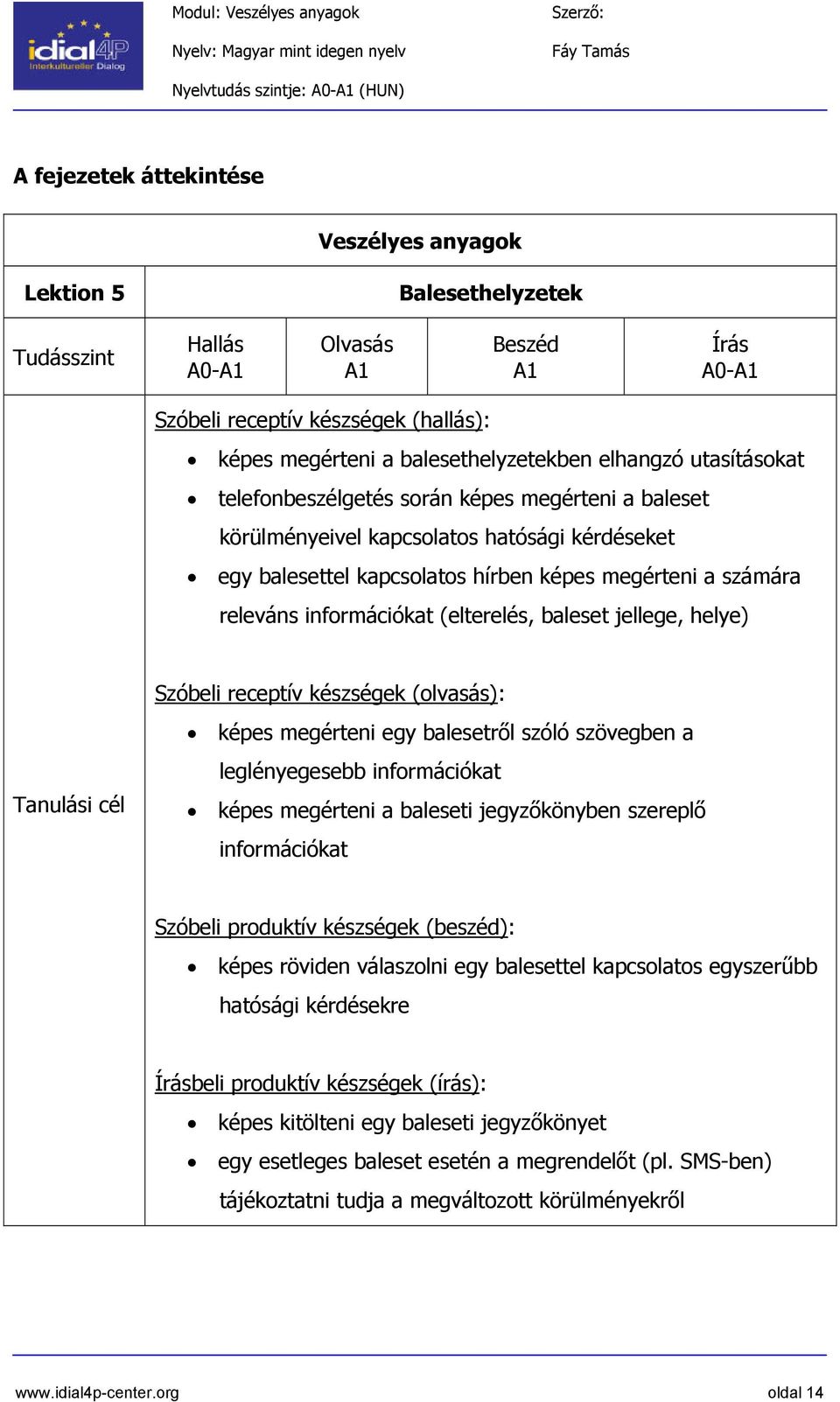 megérteni a számára releváns információkat (elterelés, baleset jellege, helye) Tanulási cél Szóbeli receptív készségek (olvasás): képes megérteni egy balesetről szóló szövegben a leglényegesebb