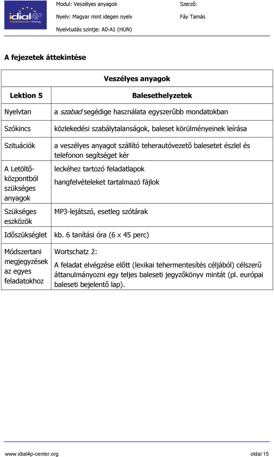 teherautóvezető balesetet észlel és telefonon segítséget kér leckéhez tartozó feladatlapok hangfelvételeket tartalmazó fájlok MP3-lejátszó, esetleg szótárak kb.