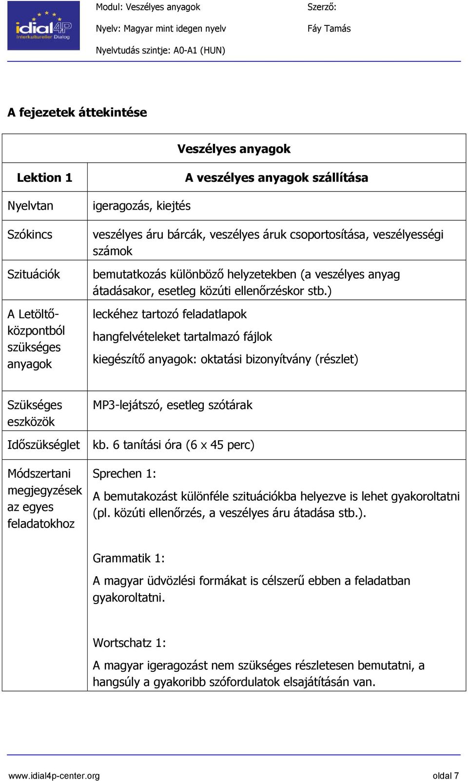 ) leckéhez tartozó feladatlapok hangfelvételeket tartalmazó fájlok kiegészítő anyagok: oktatási bizonyítvány (részlet) Szükséges eszközök Időszükséglet Módszertani megjegyzések az egyes feladatokhoz