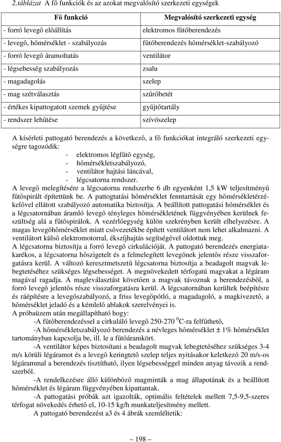 gyűjtőtartály - rendszer lehűtése szívószelep A kísérleti pattogató berendezés a következő, a fő funkciókat integráló szerkezeti egységre tagozódik: - elektromos légfűtő egység, -