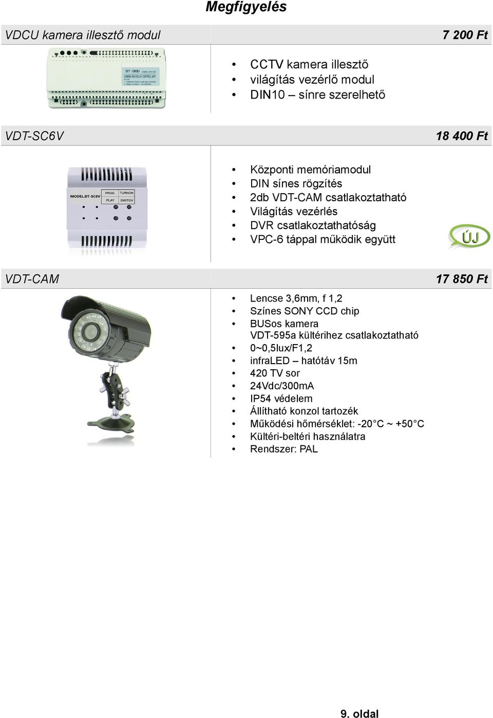 VDT-CAM Lencse 3,6mm, f 1,2 Színes SONY CCD chip BUSos kamera VDT-595a kültérihez csatlakoztatható 0~0,5lux/F1,2 infraled hatótáv 15m 420 TV
