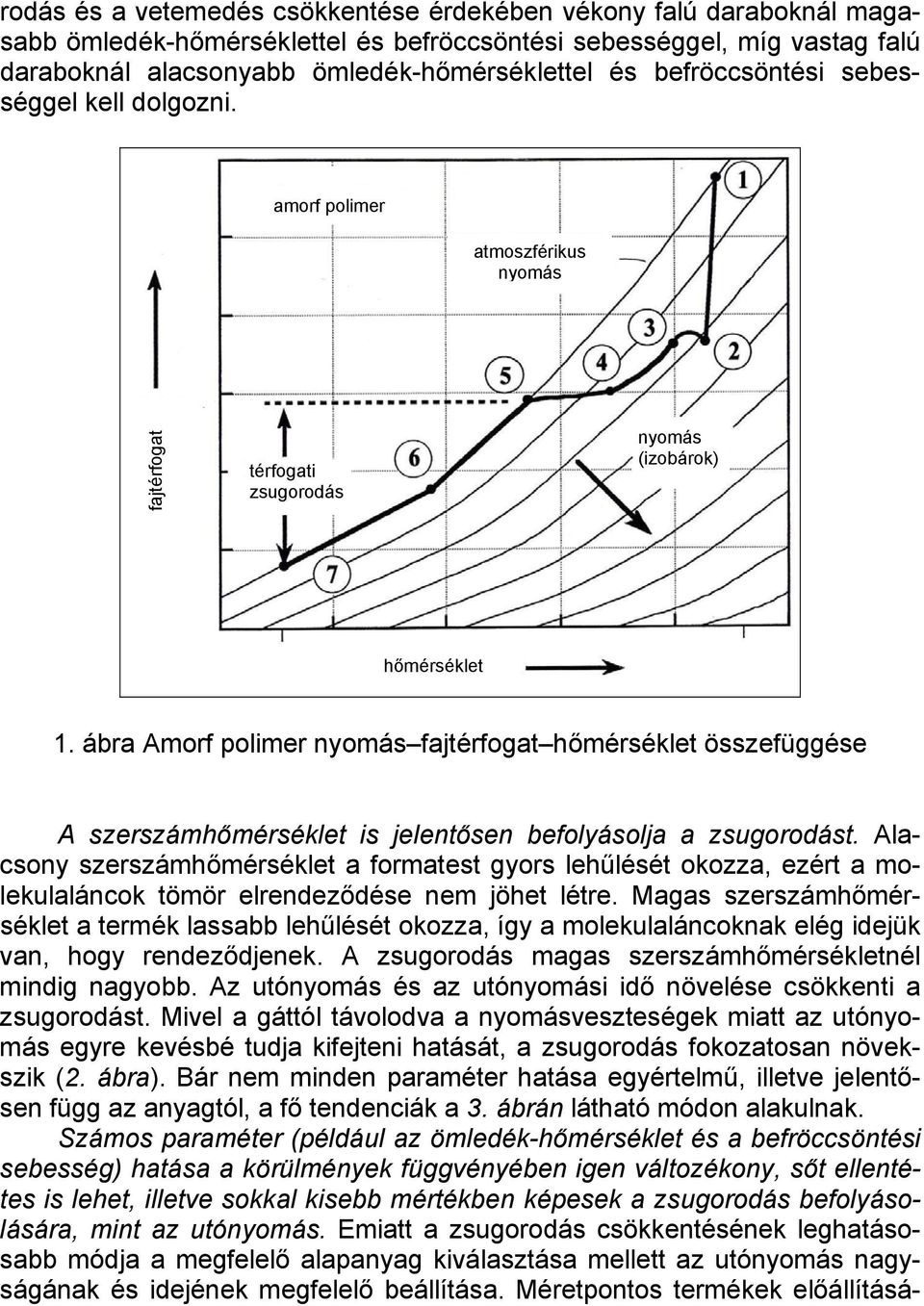 ábra Amorf polimer nyomás fajtérfogat hőmérséklet összefüggése A szerszámhőmérséklet is jelentősen befolyásolja a zsugorodást.
