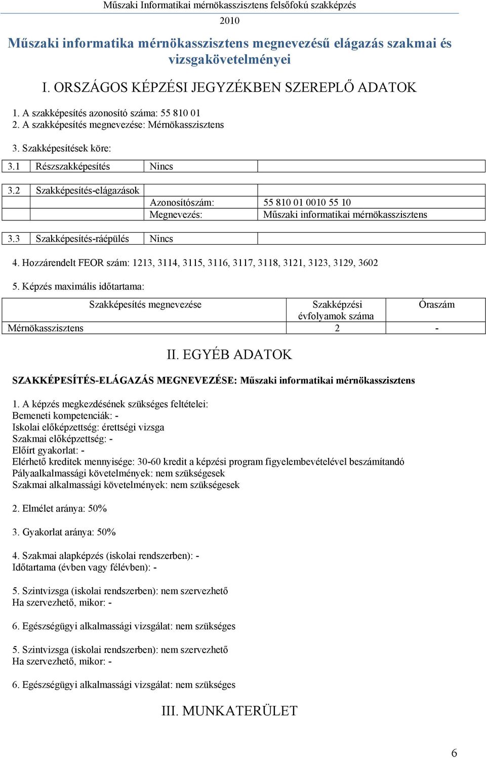 2 Szakképesítés-elágazások Azonosítószám: 55 810 01 0010 55 10 Megnevezés: Műszaki informatikai mérnökasszisztens 3.3 Szakképesítés-ráépülés 4.