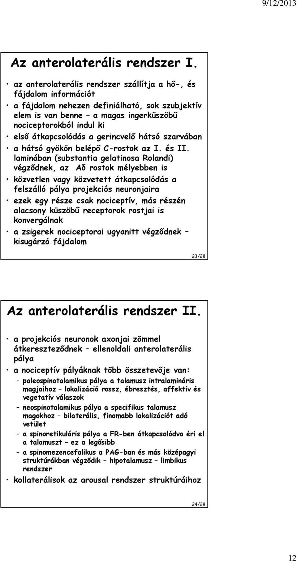 a gerincvelő hátsó szarvában a hátsó gyökön belépő C-rostok az I. és II.