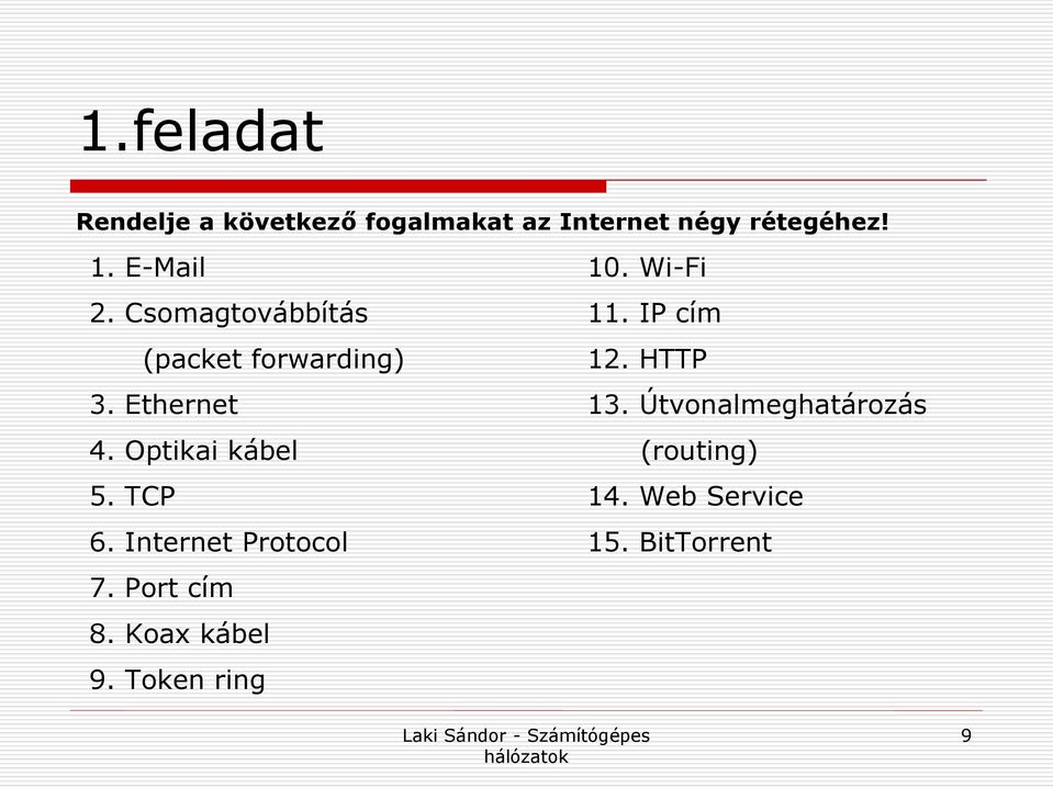 TCP 6. Internet Protocol 7. Port cím 8. Koax kábel 9. Token ring 10. Wi-Fi 11.