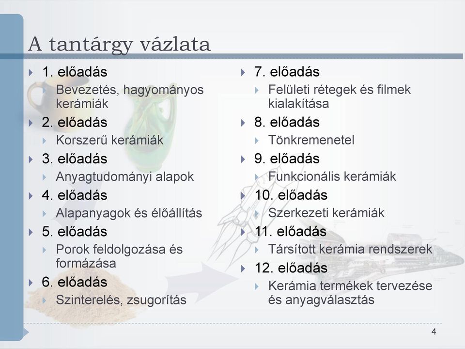 előadás Szinterelés, zsugorítás 7. előadás Felületi rétegek és filmek kialakítása 8. előadás Tönkremenetel 9.