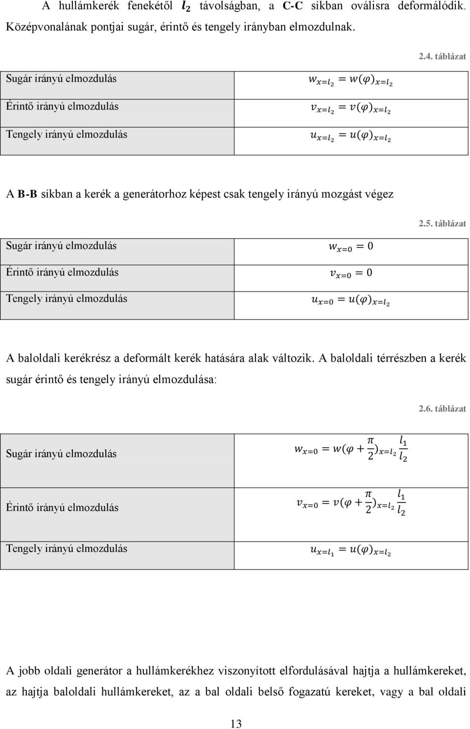 táblázat A B-B síkban a kerék a generátorhoz képest csak tengely irányú mozgást végez Sugár irányú elmozdulás Érintő irányú elmozdulás Tengely irányú elmozdulás 2.5.