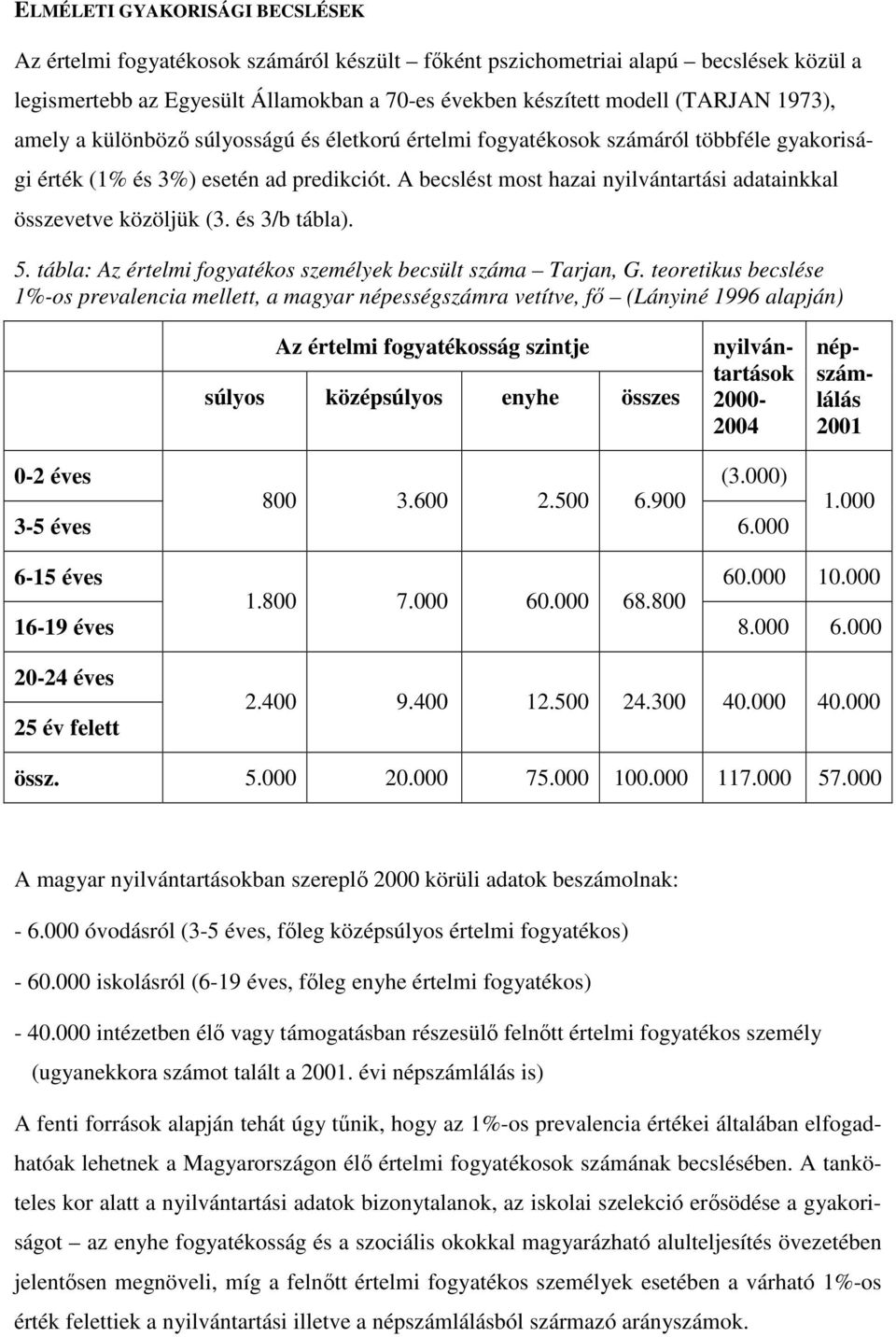 A becslést most hazai nyilvántartási adatainkkal összevetve közöljük (3. és 3/b tábla). 5. tábla: Az értelmi fogyatékos személyek becsült száma Tarjan, G.