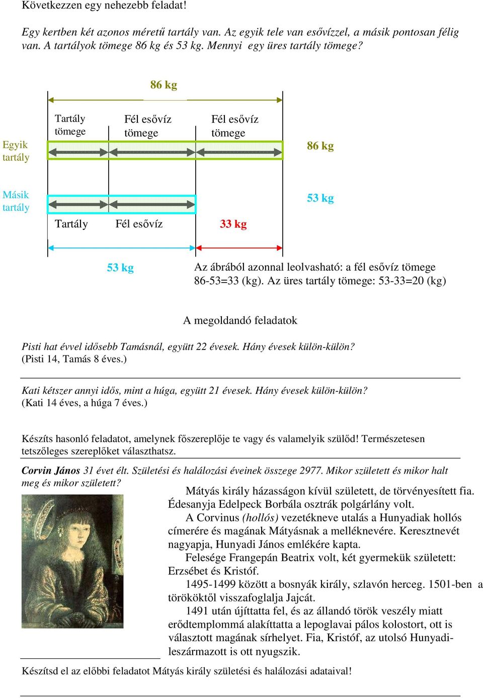 Az üres tartály tömege: 53-33=20 (kg) A megoldandó feladatok Pisti hat évvel idősebb Tamásnál, együtt 22 évesek. Hány évesek külön-külön? (Pisti 14, Tamás 8 éves.