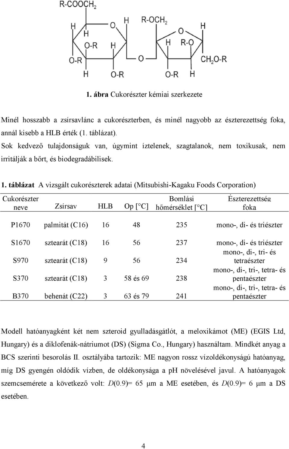 táblázat A vizsgált cukorészterek adatai (Mitsubishi-Kagaku Foods Corporation) Cukorészter Bomlási Észterezettség neve Zsírsav HLB Op [ C] hmérséklet [ C] foka P1670 palmitát (C16) 16 48 235 mono-,