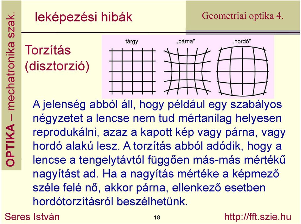 A torzítás abból adódik, hogy a lencse a tengelytávtól függıen más-más mértékő nagyítást ad.