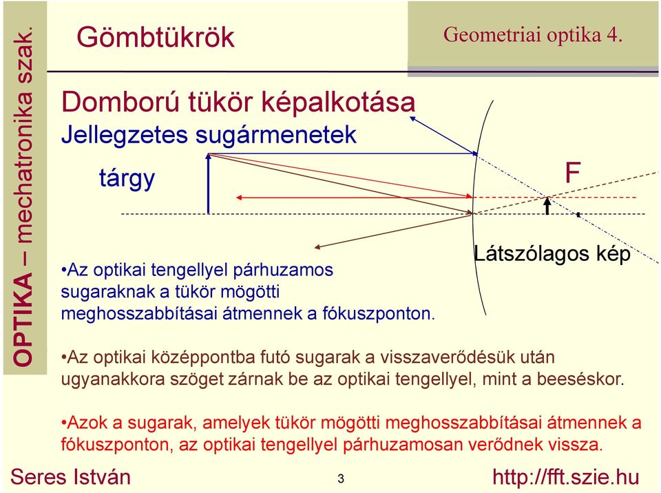 F Látszólagos kép Az optikai középpontba futó sugarak a visszaverıdésük után ugyanakkora szöget zárnak be az optikai