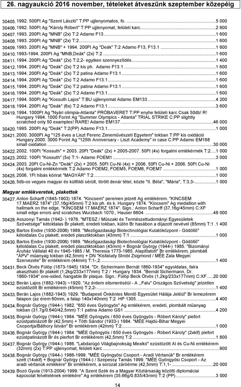 1993-1994. 200Ft Ag "MNB,Deák" (2x) T:2...1 600 30411.1994. 200Ft Ag "Deák" (2x) T:2,2- egyiken szennyeződés...1 400 30412.1994. 200Ft Ag "Deák" (2x) T:2 kis ph. Adamo F13.1...1 600 30413.1994. 200Ft Ag "Deák" (2x) T:2 patina Adamo F13.
