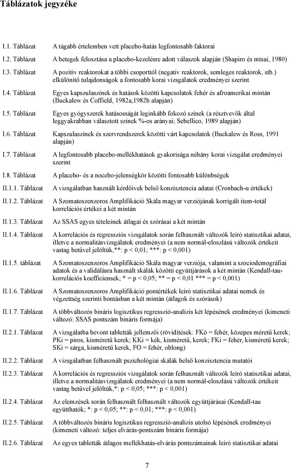 Táblázat Egyes kapszulaszínek és hatások közötti kapcsolatok fehér és afroamerikai mintán (Buckalew és Coffield, 1982a,1982b alapján) I.5.