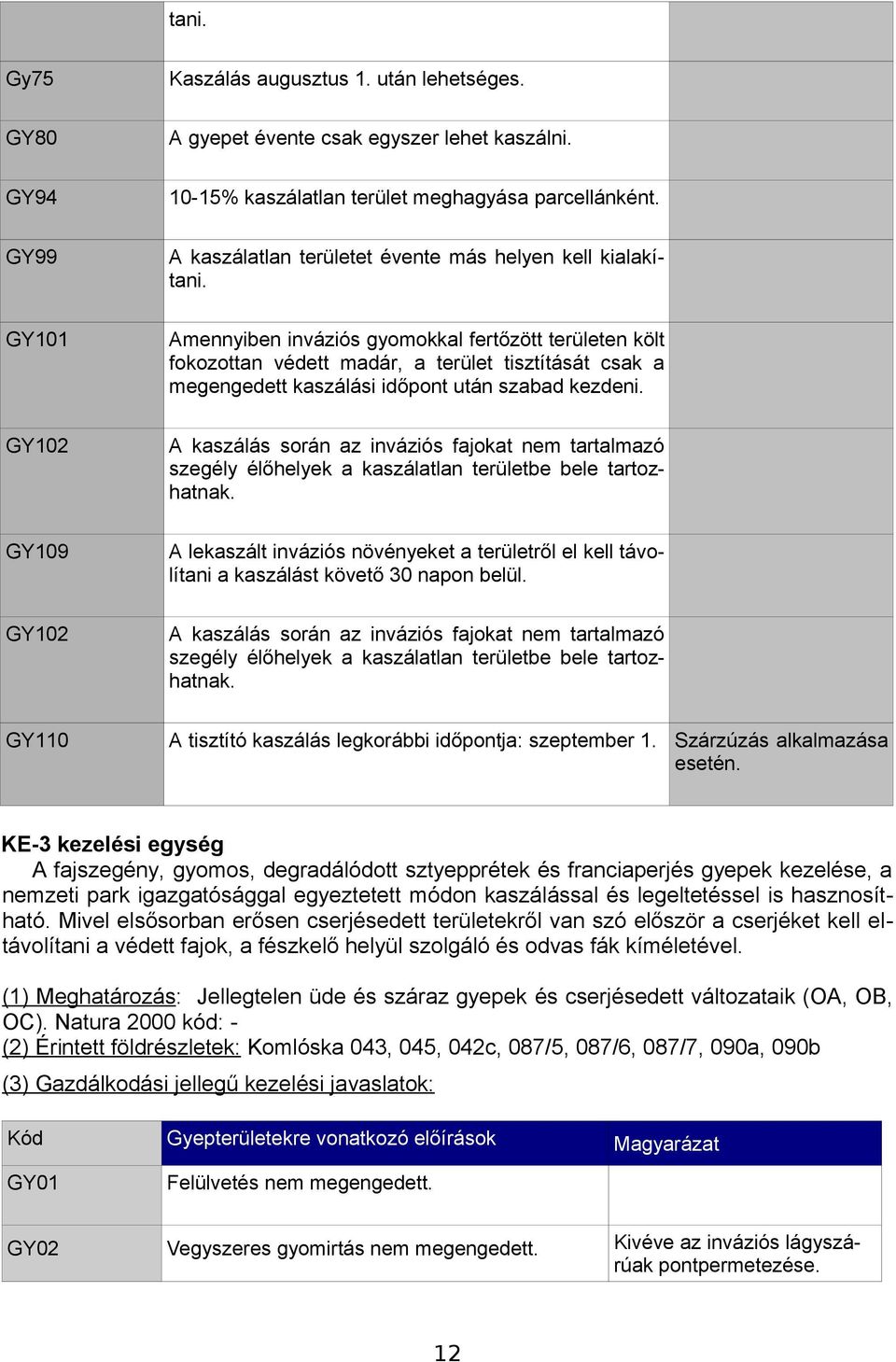 GY101 Amennyiben inváziós gyomokkal fertőzött területen költ fokozottan védett madár, a terület tisztítását csak a megengedett kaszálási időpont után szabad kezdeni.