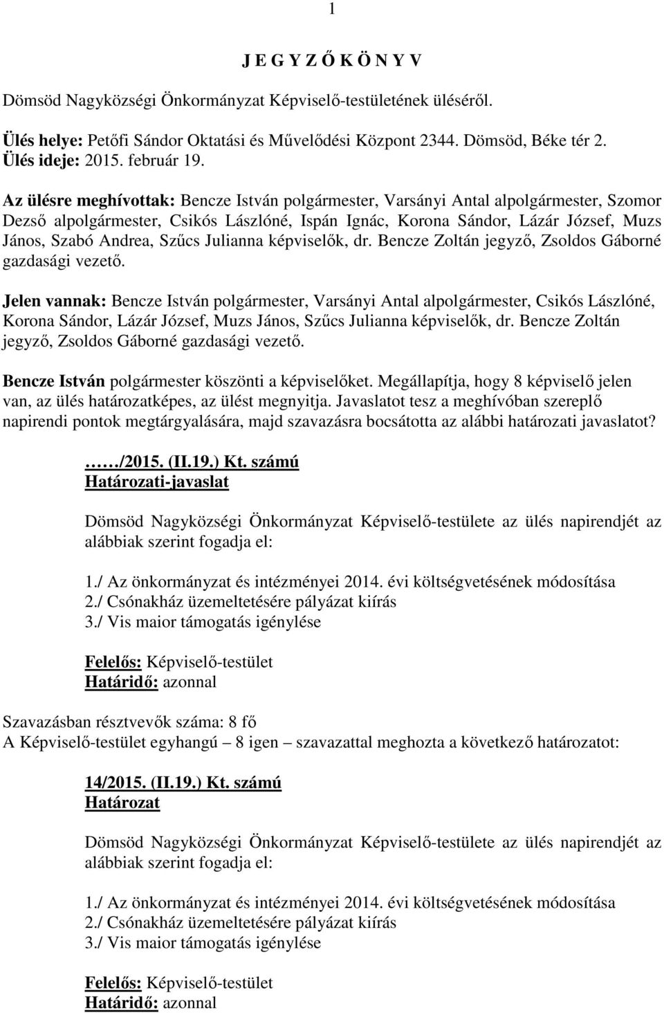 Az ülésre meghívottak: Bencze István polgármester, Varsányi Antal alpolgármester, Szomor Dezső alpolgármester, Csikós Lászlóné, Ispán Ignác, Korona Sándor, Lázár József, Muzs János, Szabó Andrea,