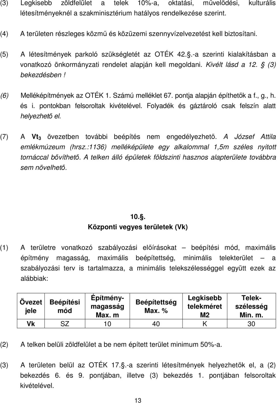 .-a szerinti kialakításban a vonatkozó önkormányzati rendelet alapján kell megoldani. Kivélt lásd a 12. (3) bekezdésben! (6) Melléképítmények az OTÉK 1. Számú melléklet 67.