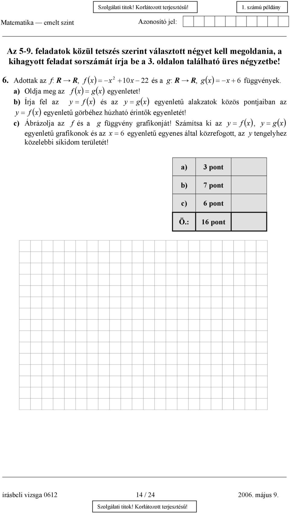 b) Írja fel az y = f ( x) és az y = g( x) egyenletű alakzatok közös pontjaiban az y = f ( x) egyenletű görbéhez húzható érintők egyenletét!