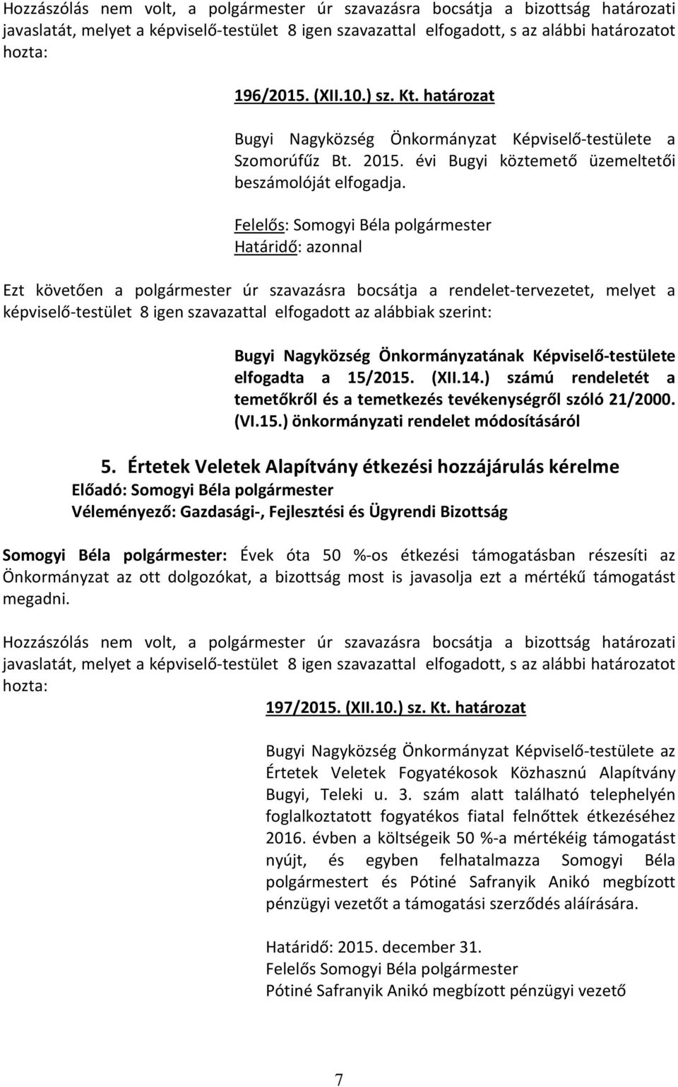 Ezt követően a polgármester úr szavazásra bocsátja a rendelet-tervezetet, melyet a képviselő-testület 8 igen szavazattal elfogadott az alábbiak szerint: Bugyi Nagyközség Önkormányzatának