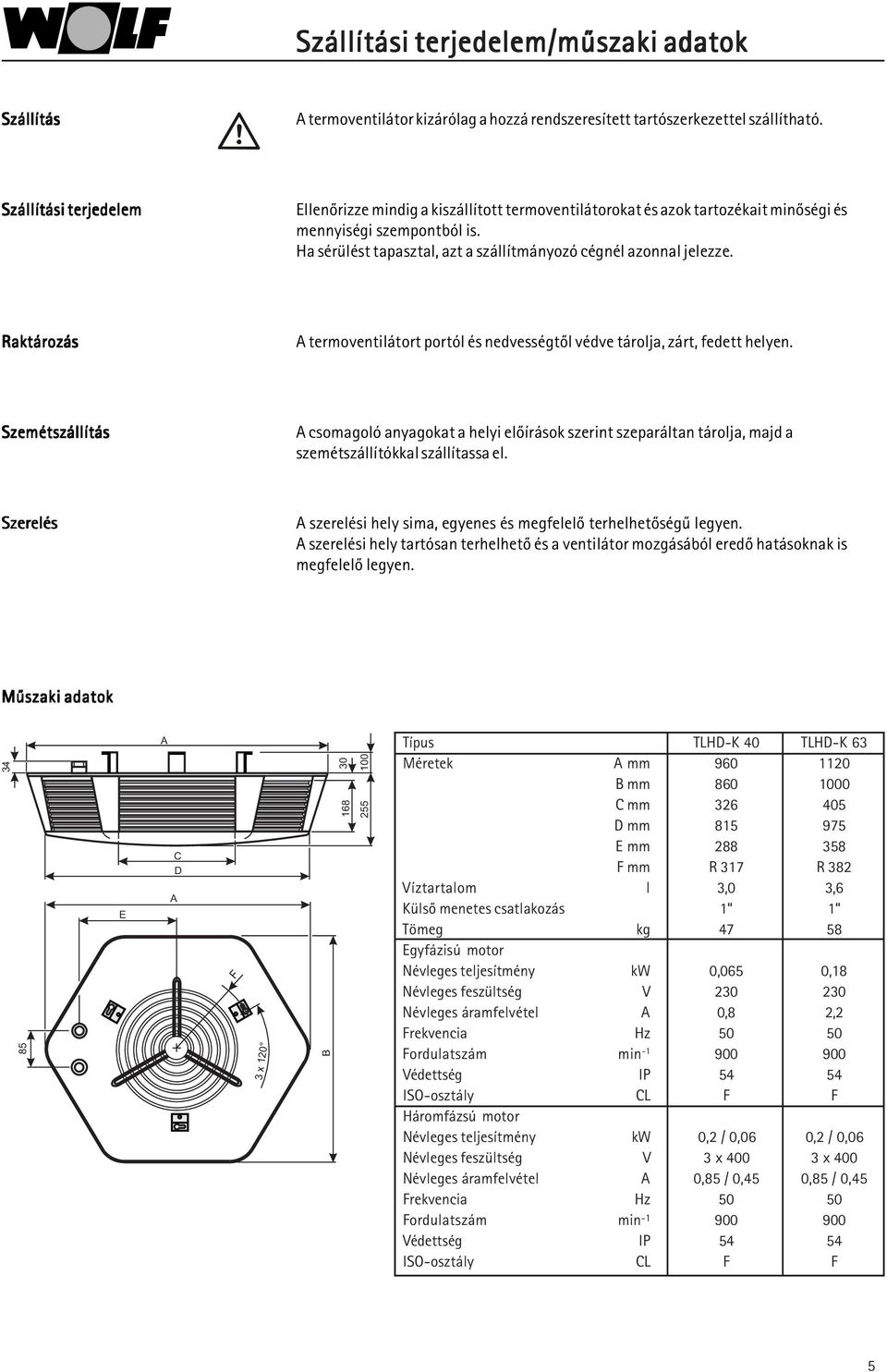 Ha sérülést tapasztal, azt a szállítmányozó cégnél azonnal jelezze. Raktározás A termoventilátort portól és nedvességtõl védve tárolja, zárt, fedett helyen.