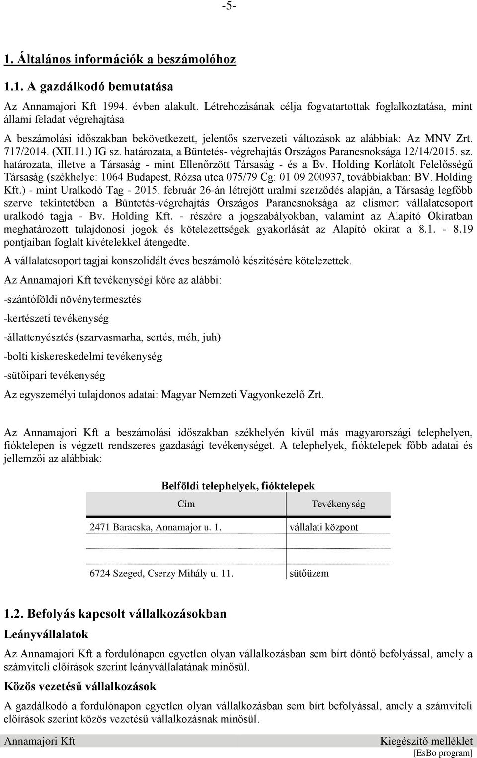 ) IG sz. határozata, a Büntetés- végrehajtás Országos Parancsnoksága 12/14/2015. sz. határozata, illetve a Társaság - mint Ellenőrzött Társaság - és a Bv.