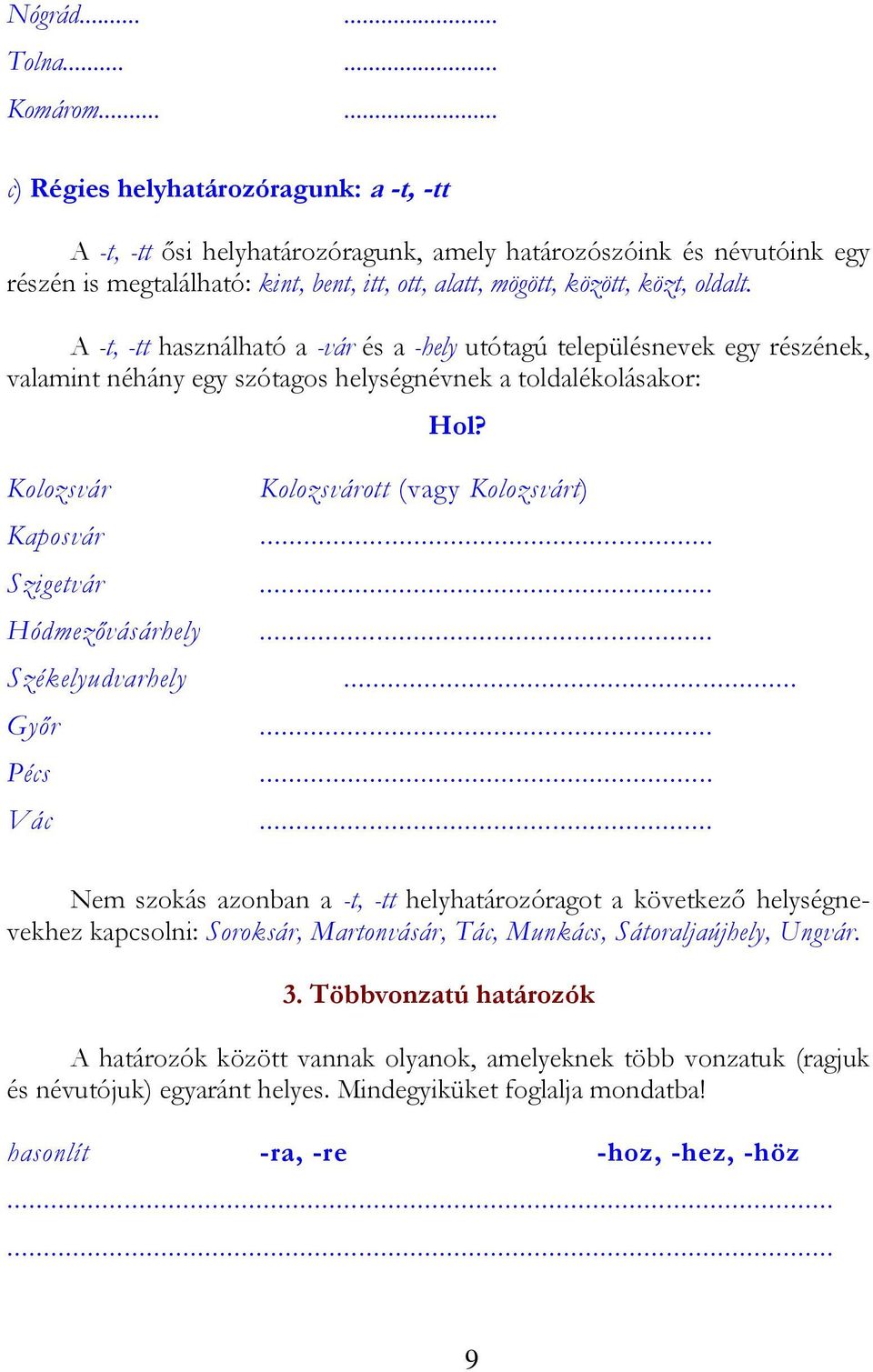 A -t, -tt használható a -vár és a -hely utótagú településnevek egy részének, valamint néhány egy szótagos helységnévnek a toldalékolásakor: Hol? Kolozsvár Kolozsvárott (vagy Kolozsvárt) Kaposvár.