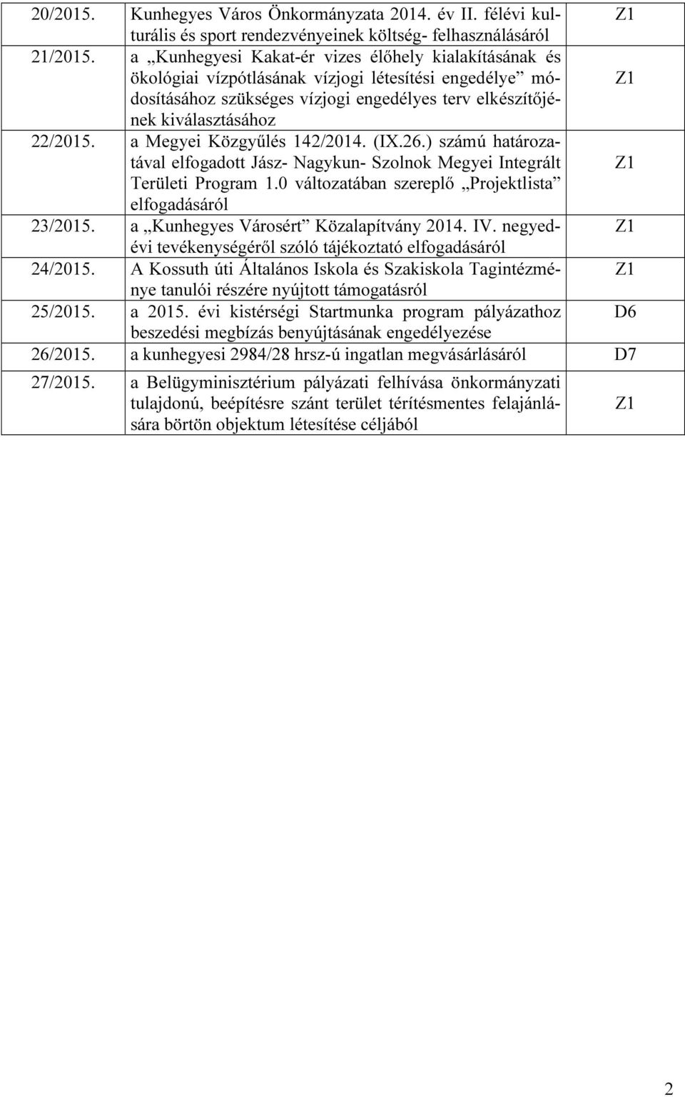 a Megyei Közgyűlés 142/2014. (IX.26.) számú határozatával elfogadott Jász- Nagykun- Szolnok Megyei Integrált Z1 Területi Program 1.0 változatában szereplő Projektlista elfogadásáról 23/2015.