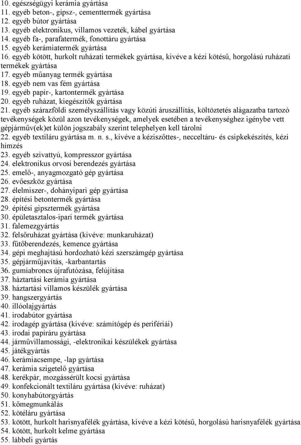 egyéb műanyag termék gyártása 18. egyéb nem vas fém gyártása 19. egyéb papír-, kartontermék gyártása 20. egyéb ruházat, kiegészítők gyártása 21.