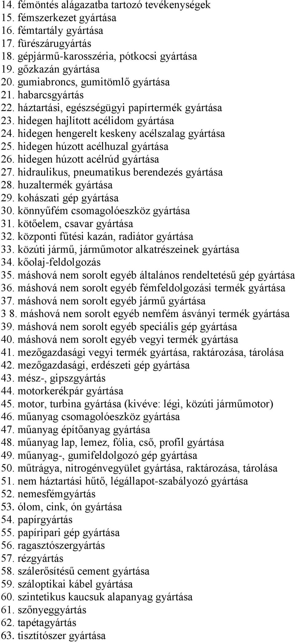 hidegen húzott acélhuzal gyártása 26. hidegen húzott acélrúd gyártása 27. hidraulikus, pneumatikus berendezés gyártása 28. huzaltermék gyártása 29. kohászati gép gyártása 30.