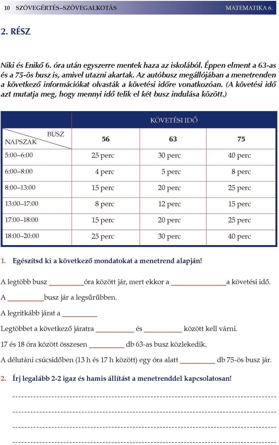 ) Követési idő Napszak Busz 56 63 75 5:00 6:00 25 perc 30 perc 40 perc 6:00 8:00 4 perc 5 perc 8 perc 8:00 13:00 15 perc 20 perc 25 perc 13:00 17:00 8 perc 12 perc 15 perc 17:00 18:00 15 perc 20 perc