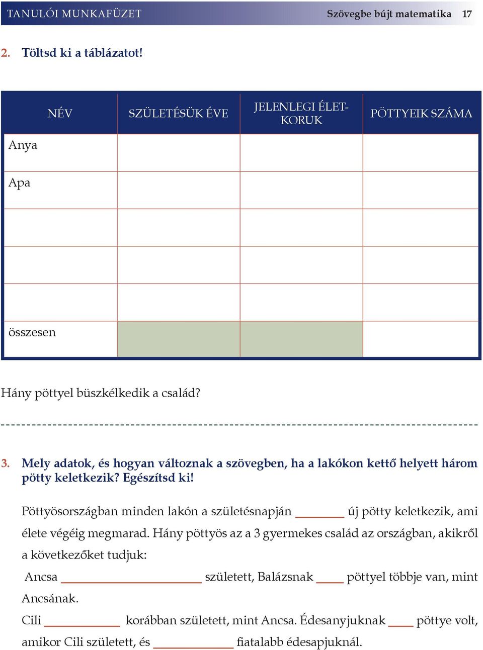 Mely adatok, és hogyan változnak a szövegben, ha a lakókon kettő helyett három pötty keletkezik? Egészítsd ki!