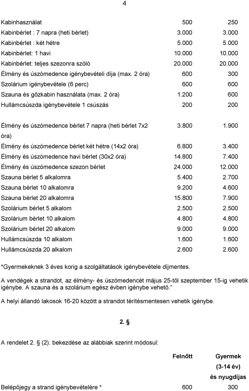 200 600 Hullámcsúszda igénybevétele 1 csúszás 200 200 Élmény és úszómedence bérlet 7 napra (heti bérlet 7x2 3.800 1.900 óra) Élmény és úszómedence bérlet két hétre (14x2 óra) 6.800 3.