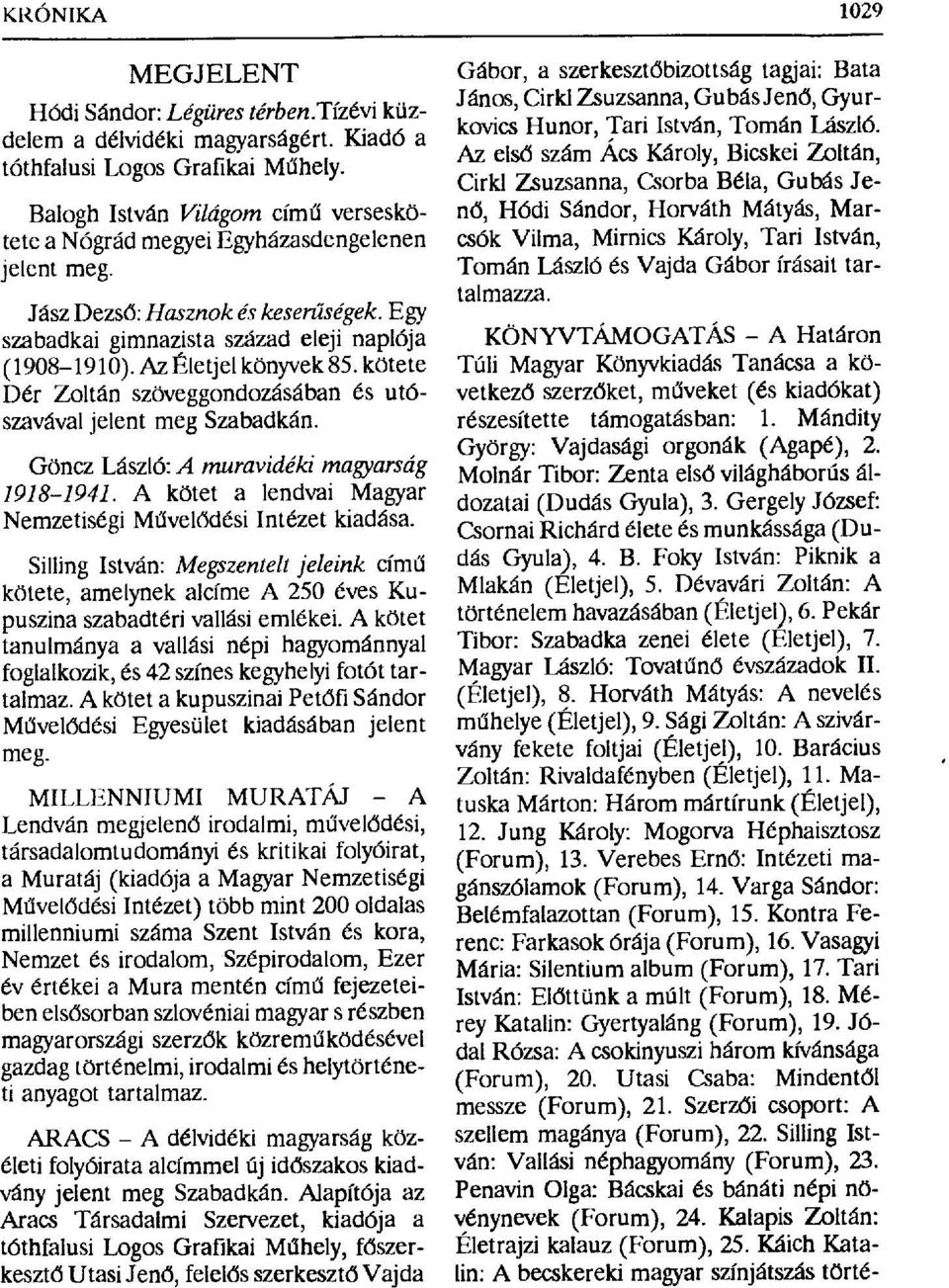 Az Életjel könyvek 85. kötete Dér Zoltán szöveggondozásában és utószavával jelent meg Szabadkán. Göncz László: A muravidéki magyarság 1918-1941.