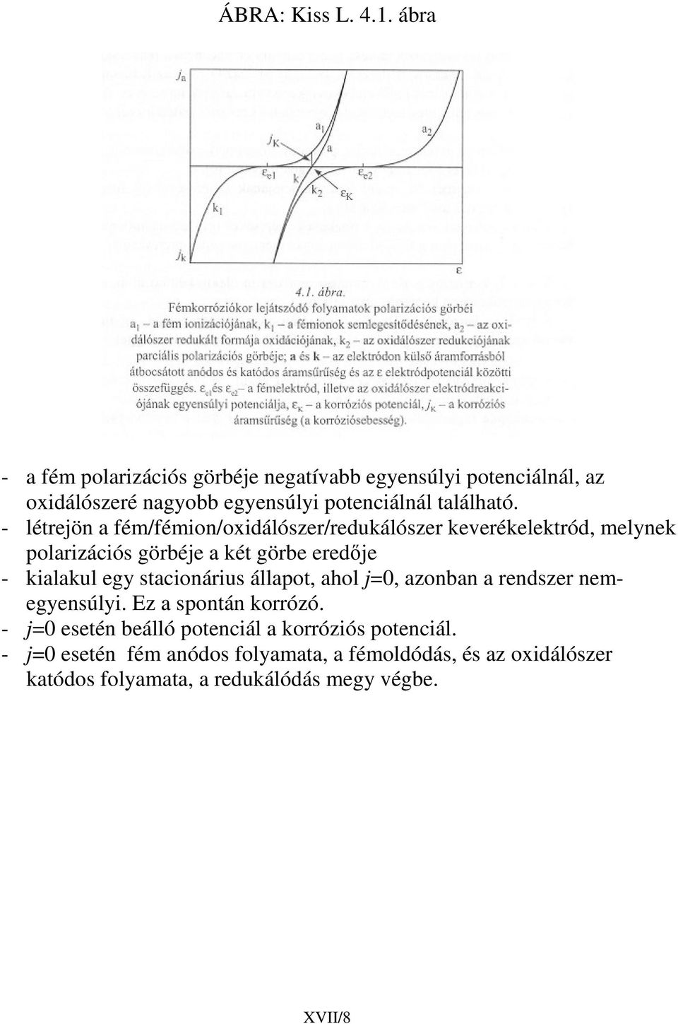 - létrejön a fém/fémion/oxidálószer/redukálószer keverékelektród, melynek polarizációs görbéje a két görbe eredje - kialakul egy