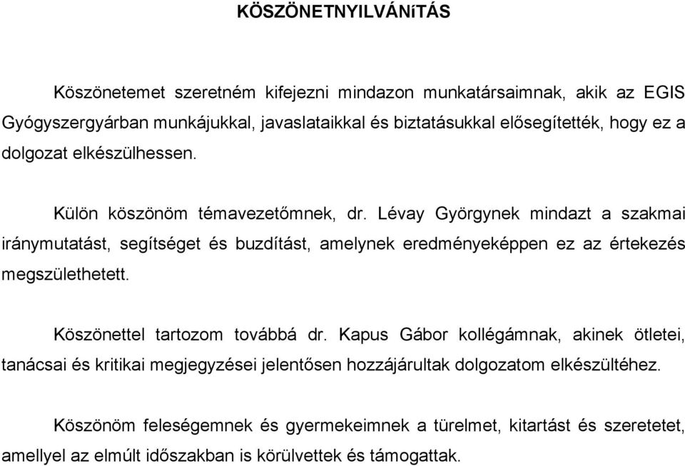 Lévay Györgynek mindazt a szakmai iránymutatást, segítséget és buzdítást, amelynek eredményeképpen ez az értekezés megszülethetett. Köszönettel tartozom továbbá dr.