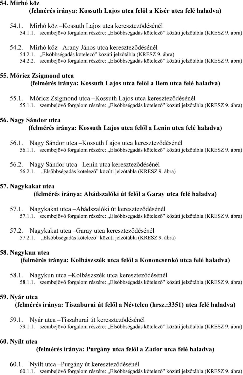 ábra) 55. Móricz Zsigmond utca (felmérés iránya: Kossuth Lajos utca felől a Bem utca felé haladva) 55.1. Móricz Zsigmond utca Kossuth Lajos utca kereszteződésénél 55.1.1. szembejövő forgalom részére: Elsőbbségadás kötelező közúti jelzőtábla (KRESZ 9.