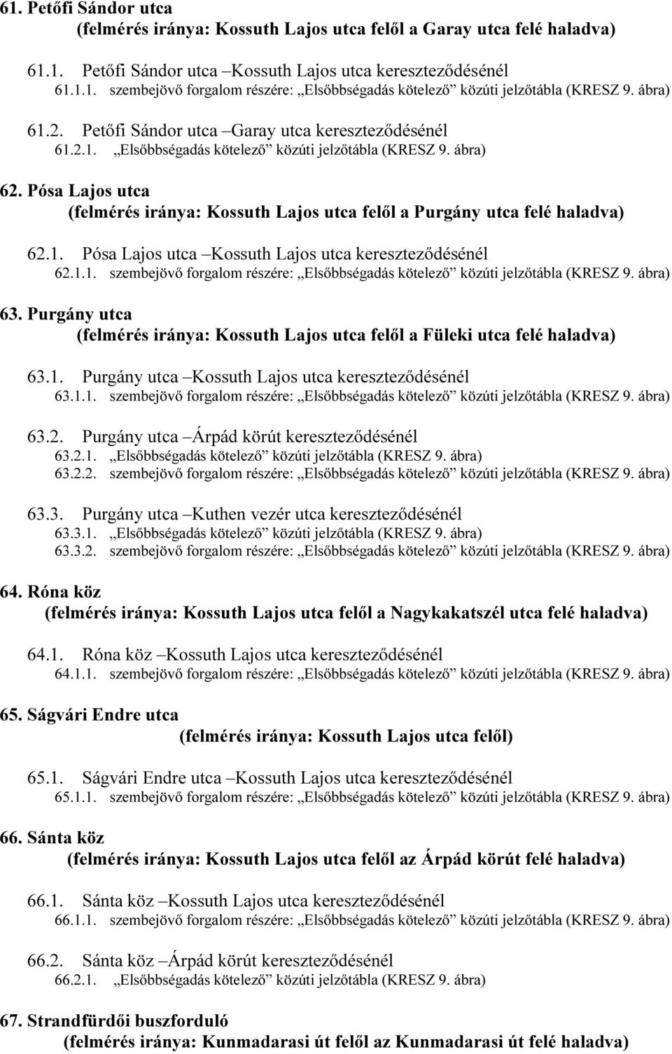 Pósa Lajos utca (felmérés iránya: Kossuth Lajos utca felől a Purgány utca felé haladva) 62.1. Pósa Lajos utca Kossuth Lajos utca kereszteződésénél 62.1.1. szembejövő forgalom részére: Elsőbbségadás kötelező közúti jelzőtábla (KRESZ 9.