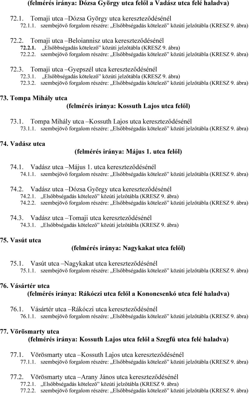 ábra) 72.3. Tomaji utca Gyepszél utca kereszteződésénél 72.3.1. Elsőbbségadás kötelező közúti jelzőtábla (KRESZ 9. ábra) 72.3.2. szembejövő forgalom részére: Elsőbbségadás kötelező közúti jelzőtábla (KRESZ 9.