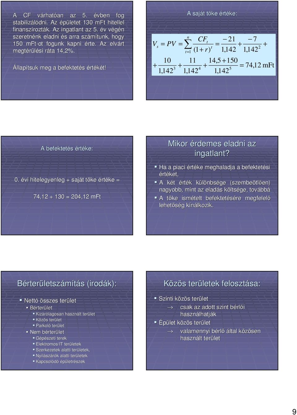 s CFt P (1 + r) 10 + 1,142 A saját tıke értéke: t 1 11 + 1,142 4 t 21 7 + 1,142 1,142 14,5 + 150 + 74,12 mft 5 1,142 2 + A befektetés értéke: 0.
