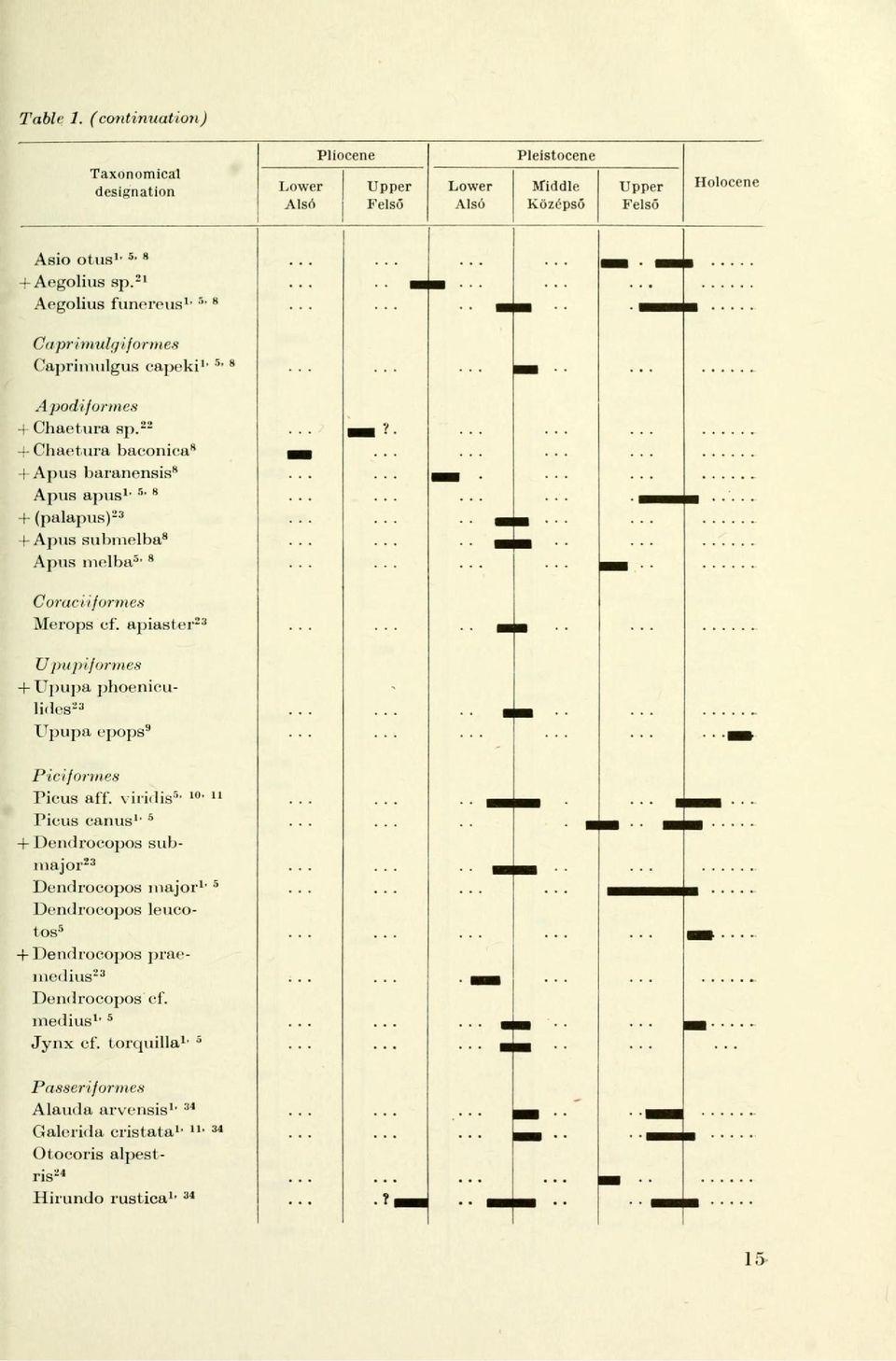 22 + Chaetura baconica 8 + Apus baranensis 8 - - ; Apus apus 1, 5 ' 8 + (palapus) 23 + Apus submelba 8 Apus nielba 5, 8 Coracíiformes Merops cf.