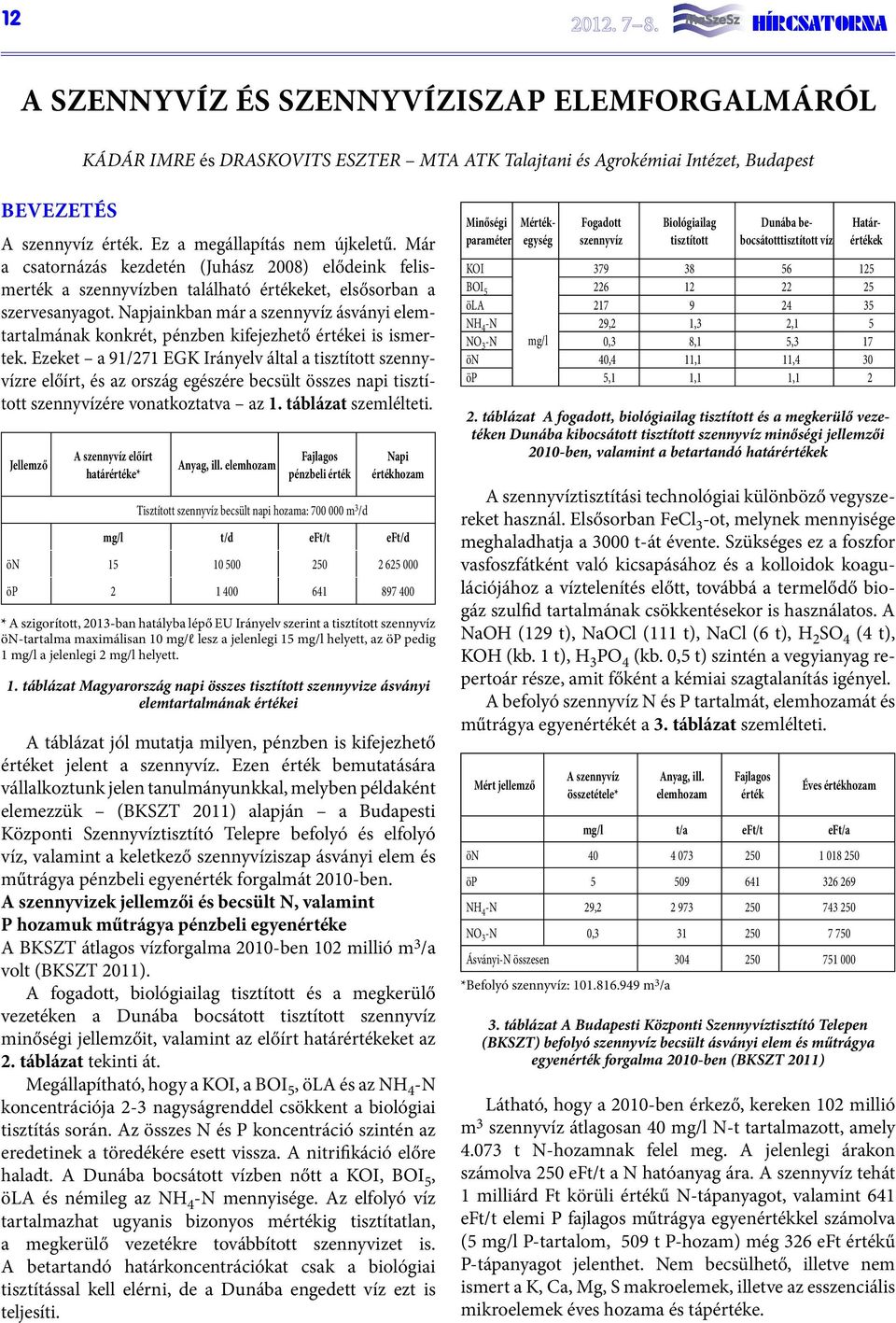 Napjainkban már a szennyvíz ásványi elemtartalmának konkrét, pénzben kifejezhető értékei is ismertek.