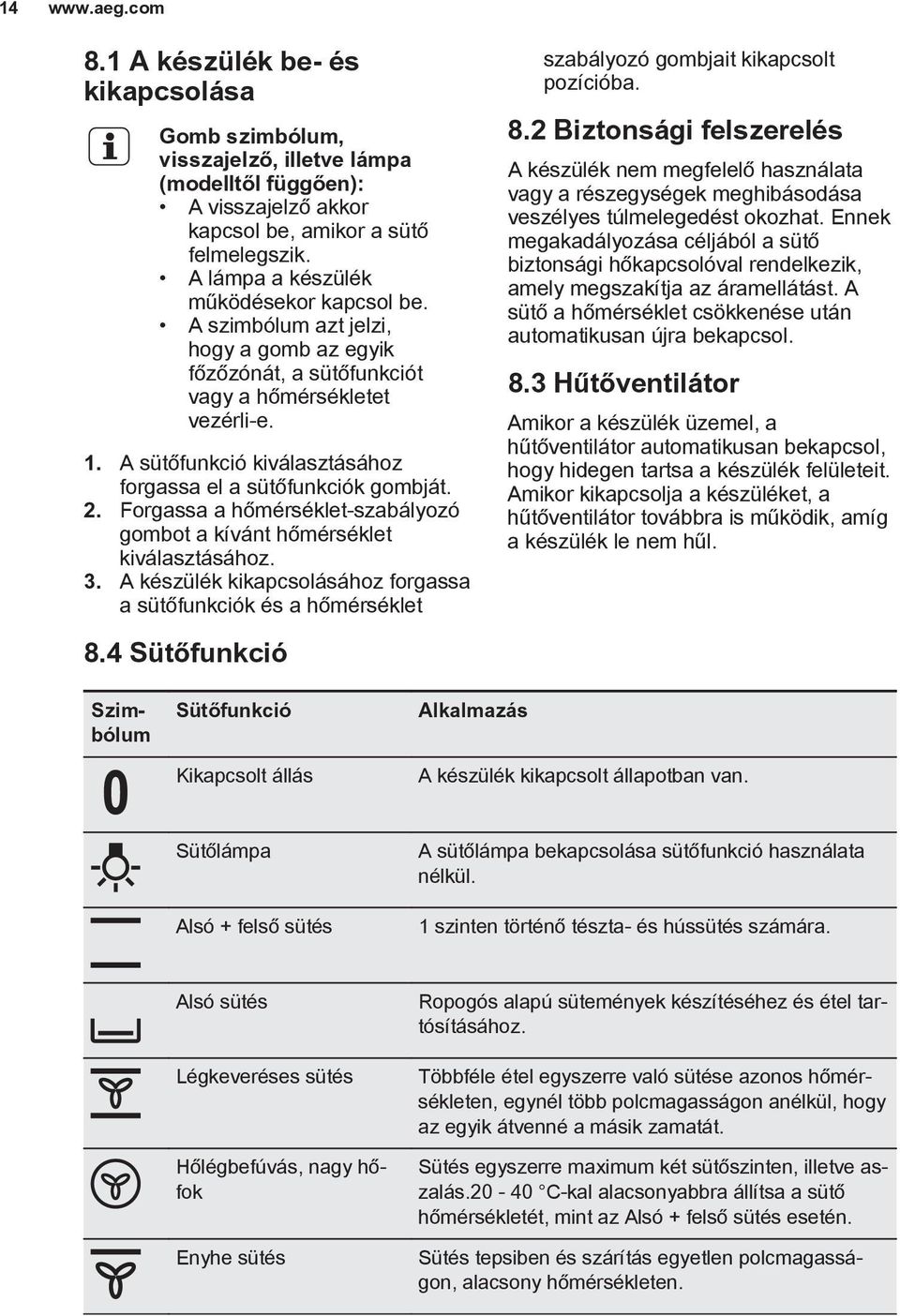 A sütőfunkció kiválasztásához forgassa el a sütőfunkciók gombját. 2. Forgassa a hőmérséklet-szabályozó gombot a kívánt hőmérséklet kiválasztásához. 3.