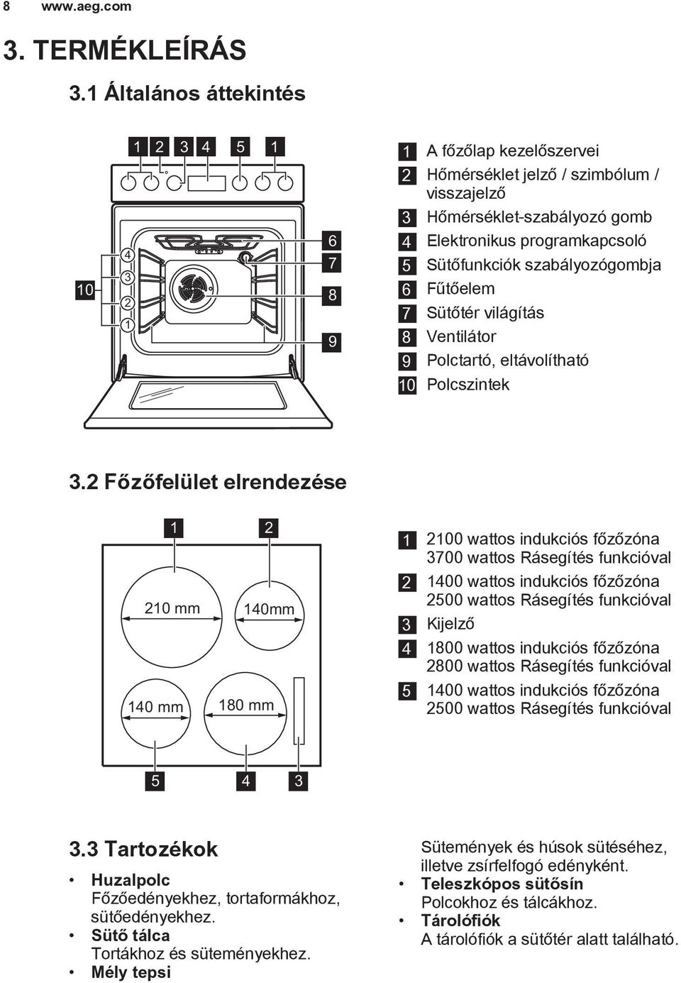 Sütőfunkciók szabályozógombja 6 Fűtőelem 7 Sütőtér világítás 8 Ventilátor 9 Polctartó, eltávolítható 10 Polcszintek 3.