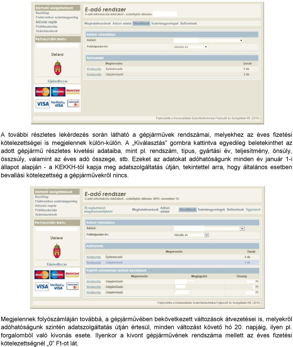 rendszám, típus, gyártási év, teljesítmény, önsúly, összsúly, valamint az éves adó összege, stb.