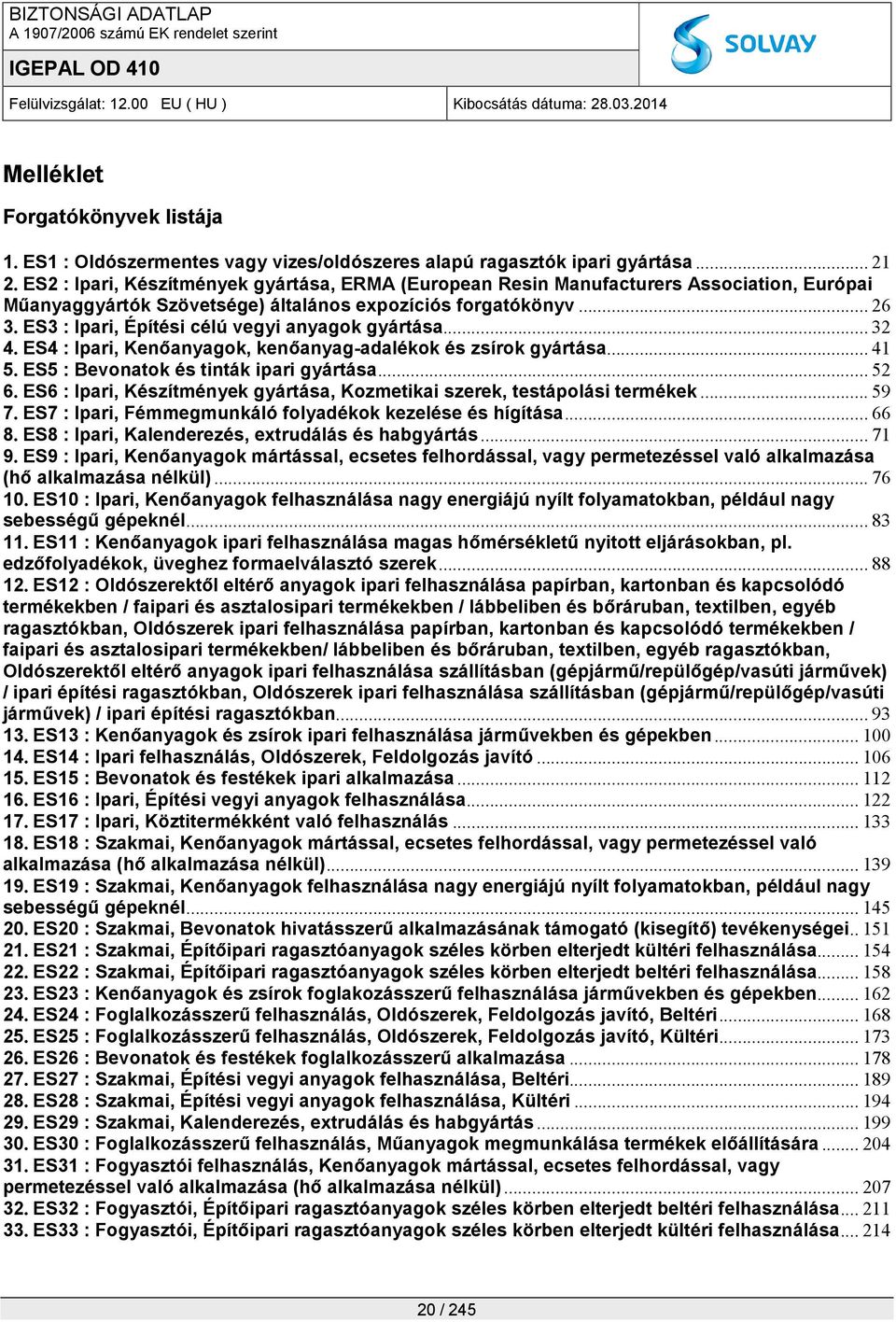 ES3 : Ipari, Építési célú vegyi anyagok gyártása... 32 4. ES4 : Ipari, Kenőanyagok, kenőanyag-adalékok és zsírok gyártása... 41 5. ES5 : Bevonatok és tinták ipari gyártása... 52 6.