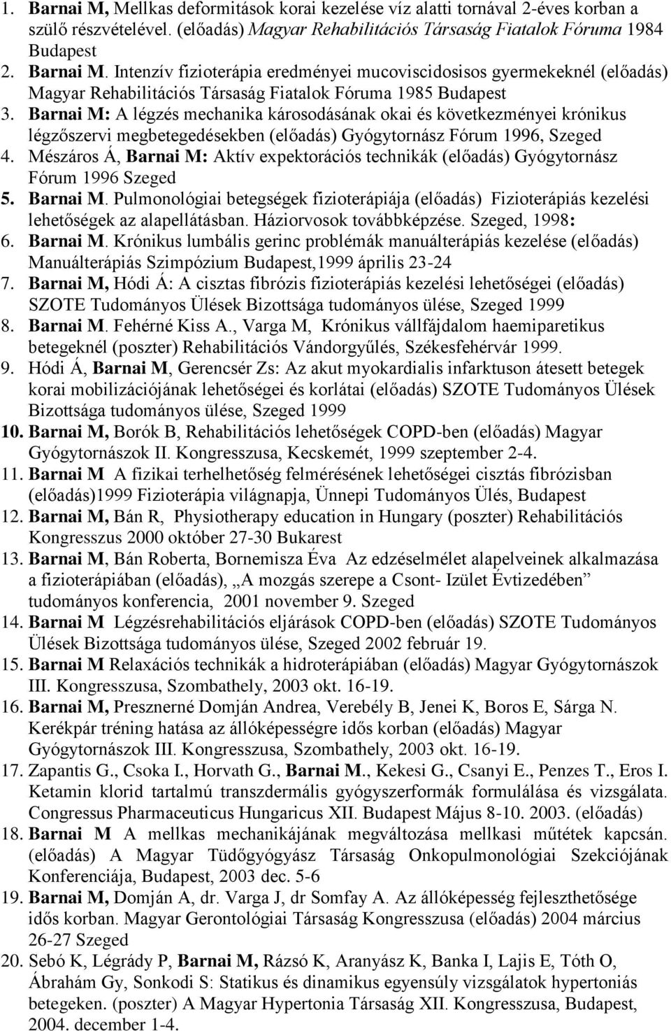 Mészáros Á, Barnai M: Aktív expektorációs technikák (előadás) Gyógytornász Fórum 1996 Szeged 5. Barnai M. Pulmonológiai betegségek fizioterápiája (előadás) Fizioterápiás kezelési lehetőségek az alapellátásban.