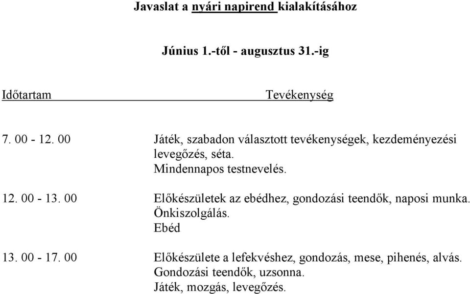 00-13. 00 Előkészületek az ebédhez, gondozási teendők, naposi munka. Önkiszolgálás. Ebéd 13. 00-17.