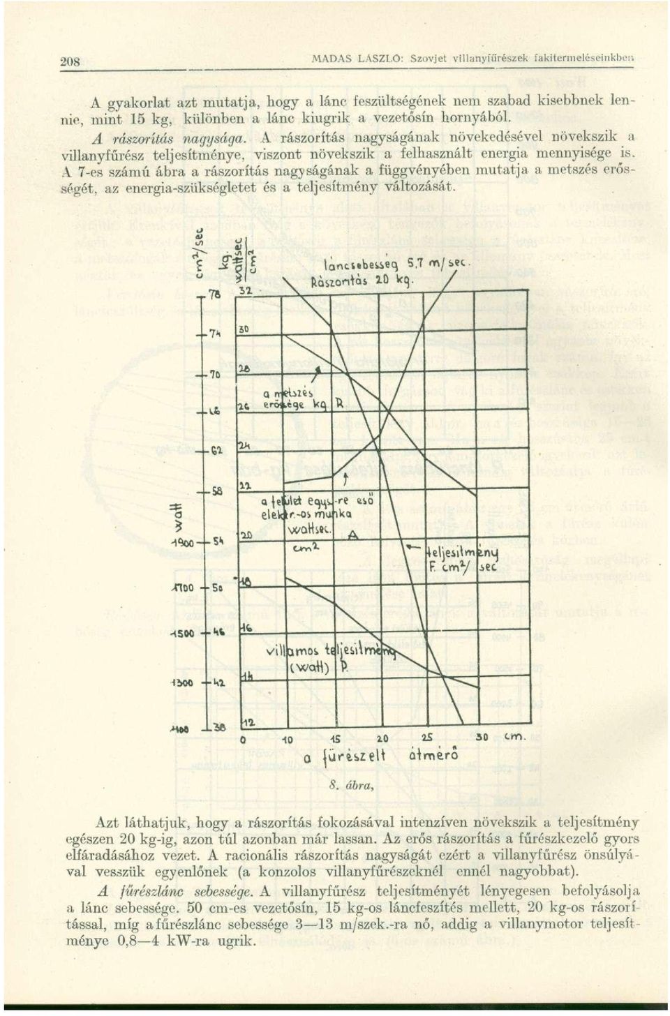 A 7-es számú ábra a rászorítás nagyságának a függvényében mutatja a metszés erősségét, az energia-szükségletet és a teljesítmény változását. 0 ürií>zeh átmér ő S.